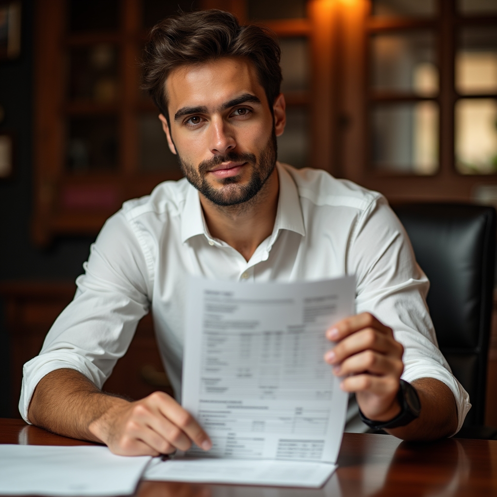 Giovane che legge e studia la propria busta paga con attenzione